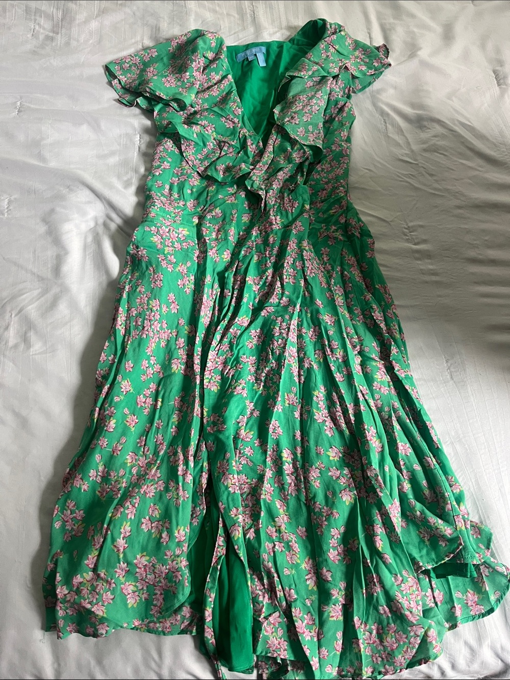 Draper James Green Midi Dress with Pink Floral Ruffles